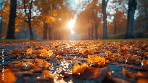 Wallpaper Mural Golden Autumn Leaves in Sunset Rainfall in Park Torontodigital.ca