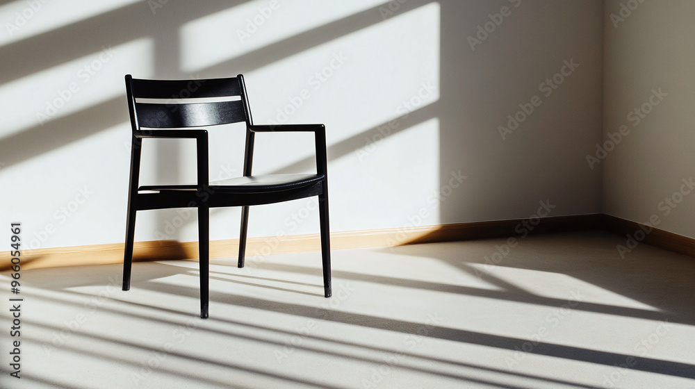 Fototapeta premium an empty chair positioned in the center of a dimly lit room, concept of loneliness