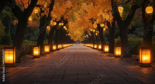 Illuminated path lined with lanterns among autumn trees in a tranquil park at...