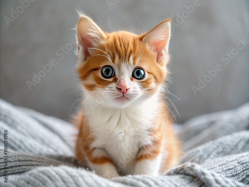 Adorable Orange And White Kitten With Playful Eyes And Curious Expression, Sitting On A Soft Blanket photo
