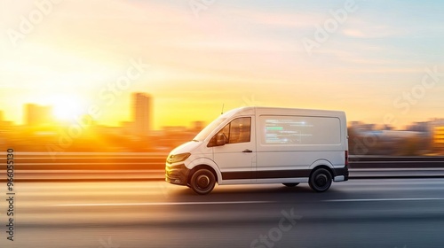 Electric cargo van, digital logistics interface, urban delivery scene, midday sun