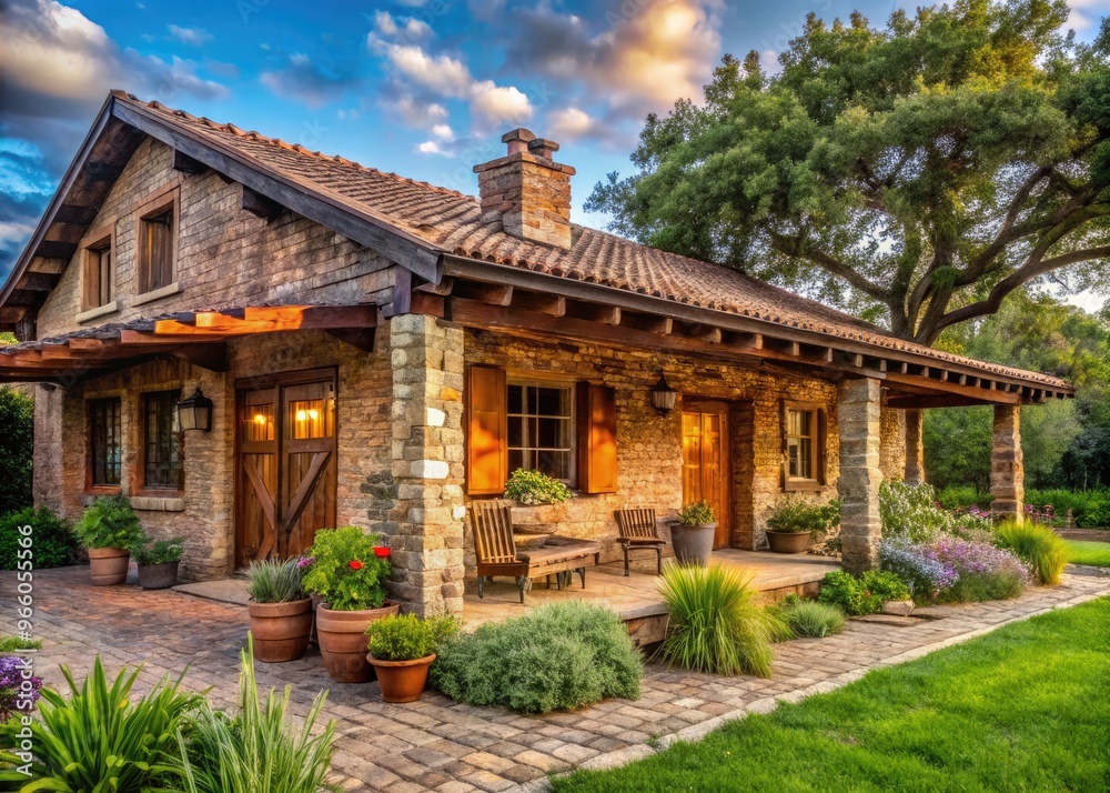 Charming rustic ranch house undergoing renovation, with exposed wooden beams, brick walls, and vintage decor, set amidst a serene countryside landscape with lush greenery. Charming rustic ranch house undergoing renovation, with exposed wooden beams, brick walls, and vintage decor, set amidst a serene countryside landscape with lush greenery.