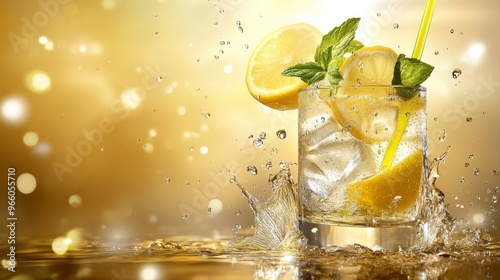 Refreshing lemon drink with mint garnishing on a sparkling golden background ...