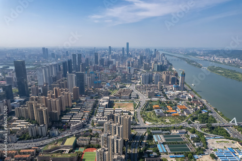 Breathtaking Aerial View of a Modern City and River Landscape