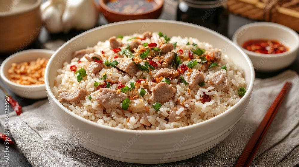 A bowl of homemade boiled rice with pork, surrounded by small dishes of soy sauce, chili, and fried garlic, ready to be enjoyed in a traditional Asian kitchen setting A bowl of homemade boiled rice with pork, surrounded by small dishes of soy sauce, chili, and fried garlic, ready to be enjoyed in a traditional Asian kitchen setting