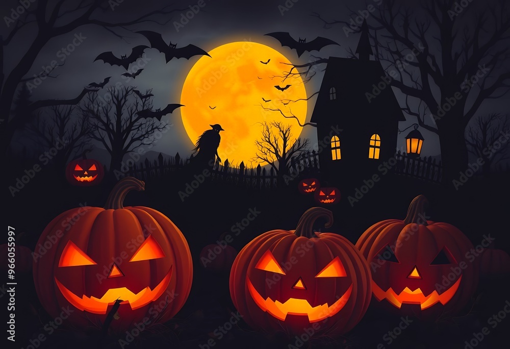 Spooky Halloween Night with Jack-o'-Lanterns and Ghost Spooky Halloween Night with Jack-o'-Lanterns and Ghost