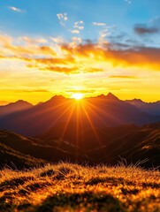 Leinwandbilder Braun Breathtaking sunrise over majestic mountains, illuminating the landscape with vibrant hues and casting a warm glow on the grass. 3D  © Arnon  Parnnao