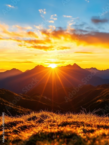 Breathtaking sunrise over majestic mountains, illuminating the landscape with vibrant hues and casting a warm glow on the grass. 3D