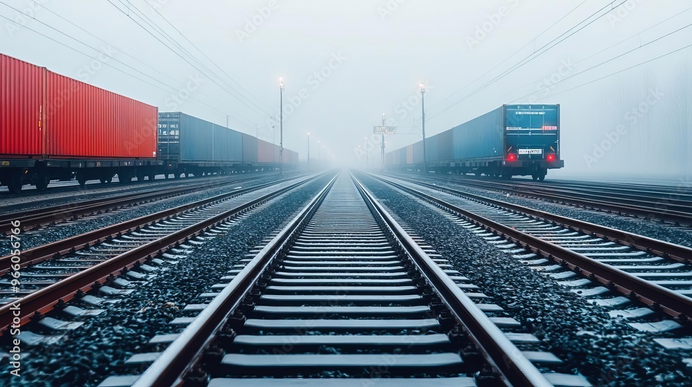 Electric rail freight, digital cargo management, industrial backdrop, foggy day