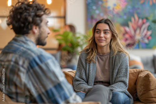 Casual Conversation Between Friends in Cozy Living Room Setting with Modern Decor