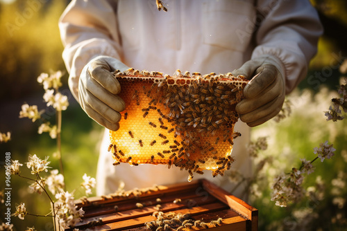 A scene of a bee farm surrounded by vibrant wildflowers AI generative