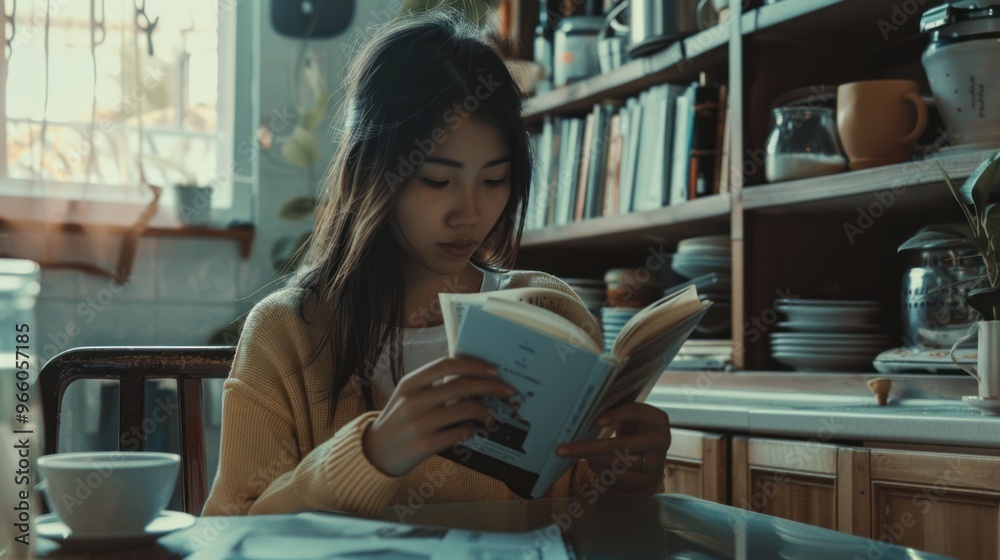Photograph of a young woman drinking tea and reading a book in the living room enjoying the morning sunlight at home. Photograph of a young woman drinking tea and reading a book in the living room enjoying the morning sunlight at home.