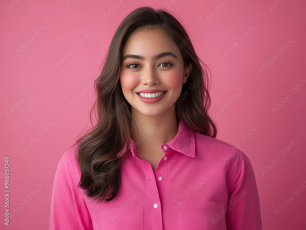 Smiling Young Businesswoman in Magenta Shirt Against Soft Pink Background
Smiling Young Businesswoman in Magenta Shirt Against Soft Pink Background