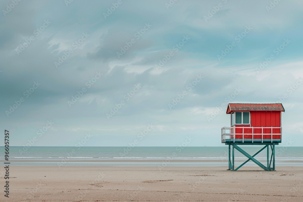 Generated with AI close up photo of lifeguard house on sandy beach Generated with AI close up photo of lifeguard house on sandy beach