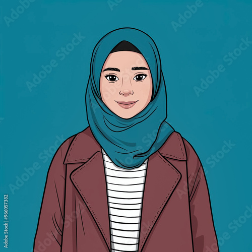 Illustration of a young female wearing a hijab and over coat