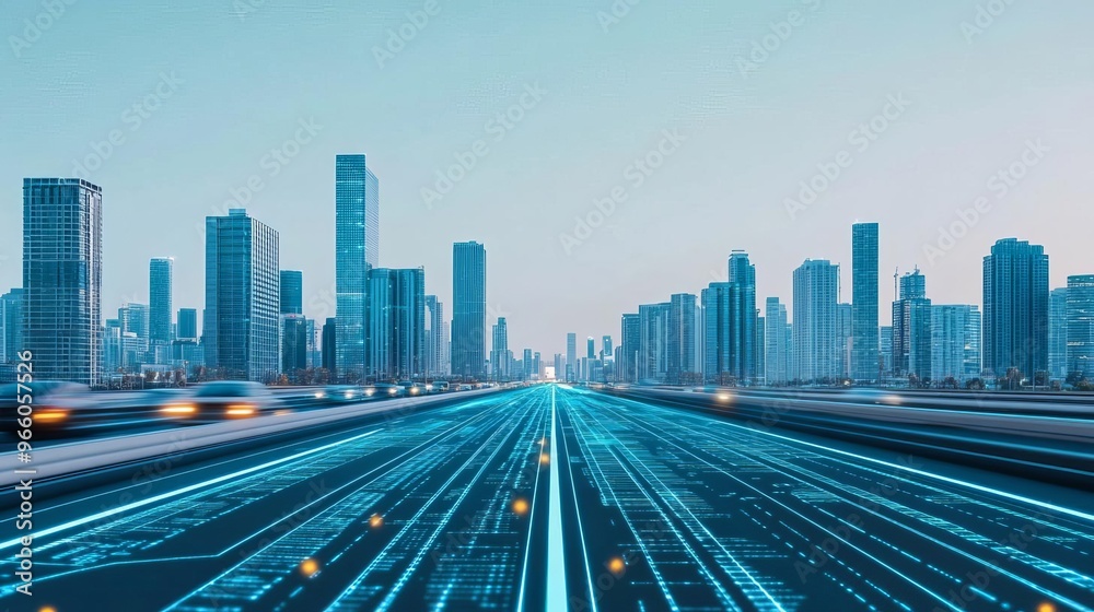 Fototapeta premium Electric urban commuter, digital smart city map, bustling streets, clear sky