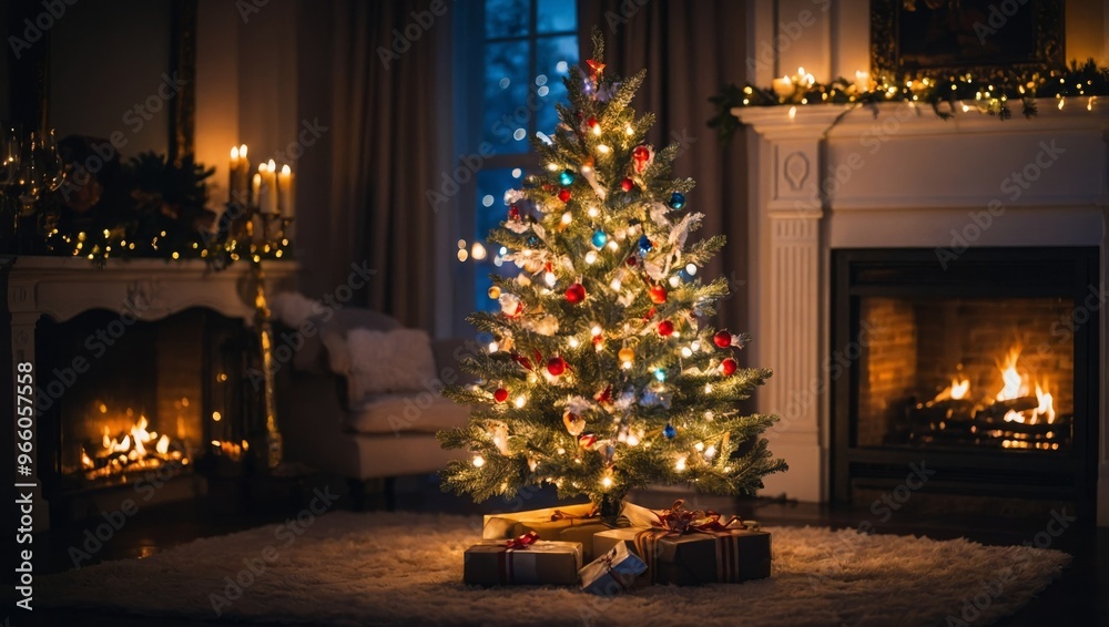 Christmas Tree with Decorations Near a Fireplace with Lights Christmas Tree with Decorations Near a Fireplace with Lights