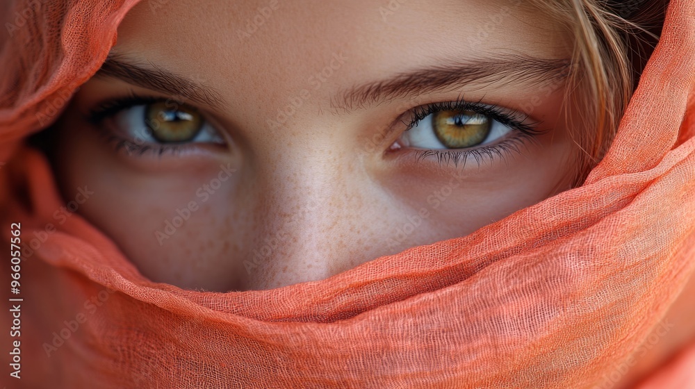 Closeup of the honey eyes of a girl with her face wrapped in a coral scarf generative ai Closeup of the honey eyes of a girl with her face wrapped in a coral scarf generative ai