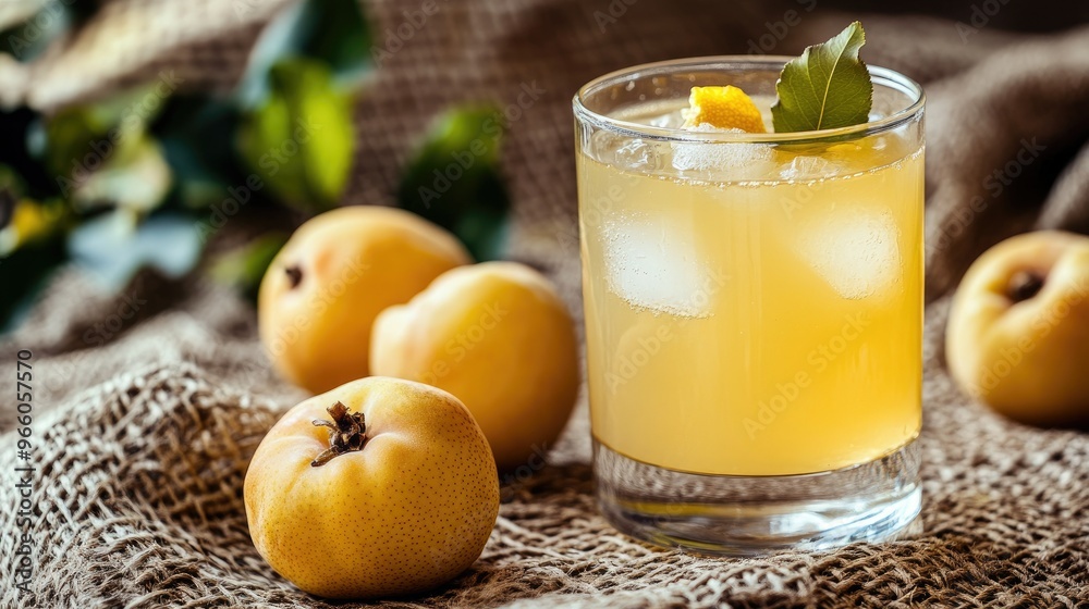 Fototapeta premium A close-up of a glass of quince alcohol drink on a canvas background, with ripe quince fruits placed nearby, showcasing the natural, fruity flavors of the drink