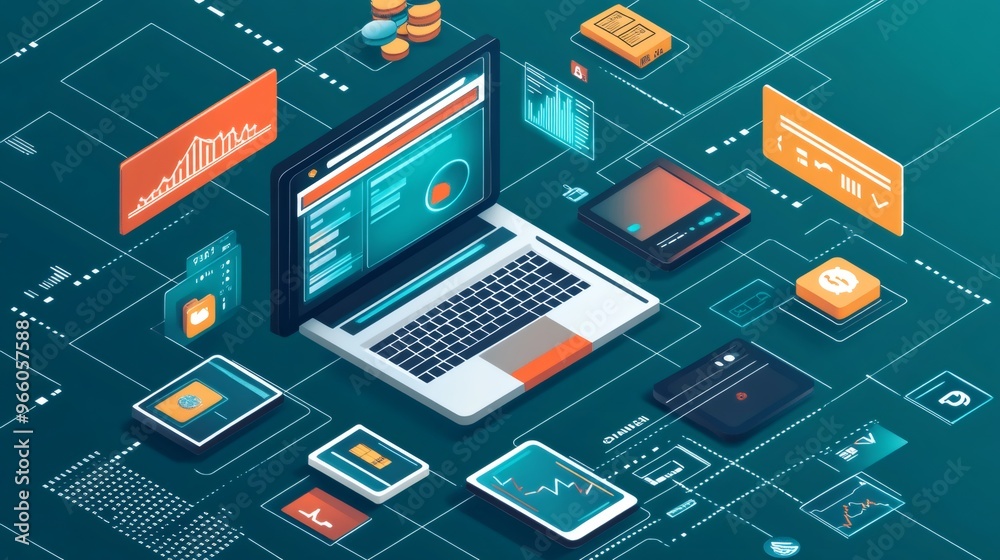 A Laptop, Smartphone, And Tablet Connected To A Network Of Digital Devices And Data. A Laptop, Smartphone, And Tablet Connected To A Network Of Digital Devices And Data.