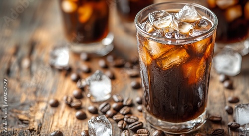 Refreshing cold beverage with ice cubes and coffee beans on a rustic wooden s...