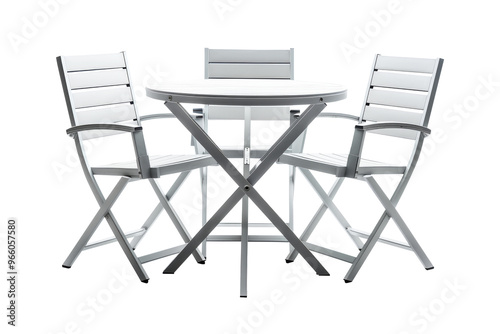 Set of white wooden table and chairs isolated on transparent background, for dining outdoor in garden at home. 