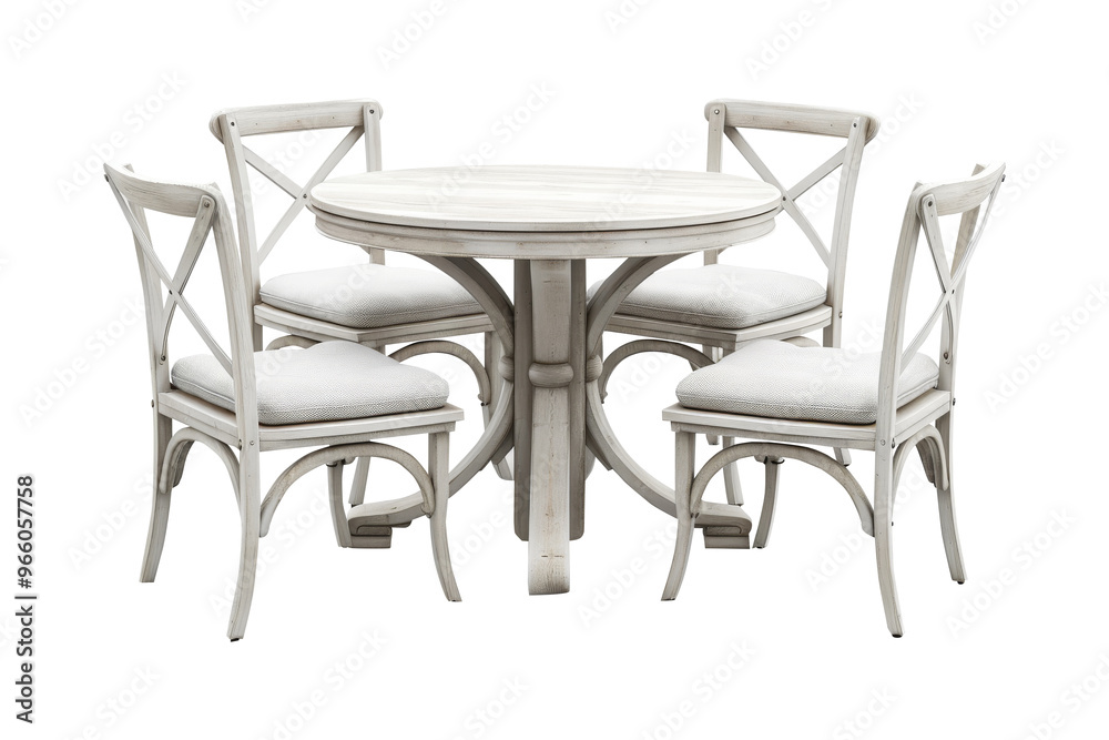 Set of white wooden table and chairs isolated on transparent background, for dining outdoor in garden at home.	

