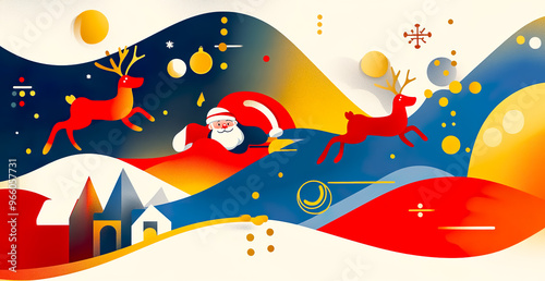 A vibrant, abstract design featuring Santa Claus and a reindeer amidst a futuristic cityscape with geometric shapes and bright colors, symbolizing modern holiday spirit