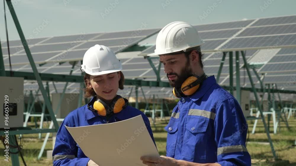 Blue collar workers are working at solar power plant. Technology and environment. Blue collar workers are working at solar power plant. Technology and environment.