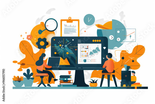Team Collaboration in Modern Workspace with Data Analysis and Digital Tools