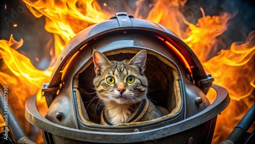 A fearless feline sits calmly in a firefighter's helmet, surrounded by flames and smoke, as if rescued from photo