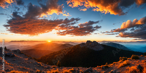 Beautiful mountain landscape at sunset, with golden sunlight and tranquil orange skies creating a peaceful summer mood perfect for capturing the calm and serene beauty of nature at golden hour