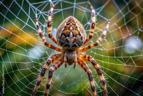 Close-Up Of A Spider Perched On A Web, Showcasing Its Intricate Details And Web Pattern.