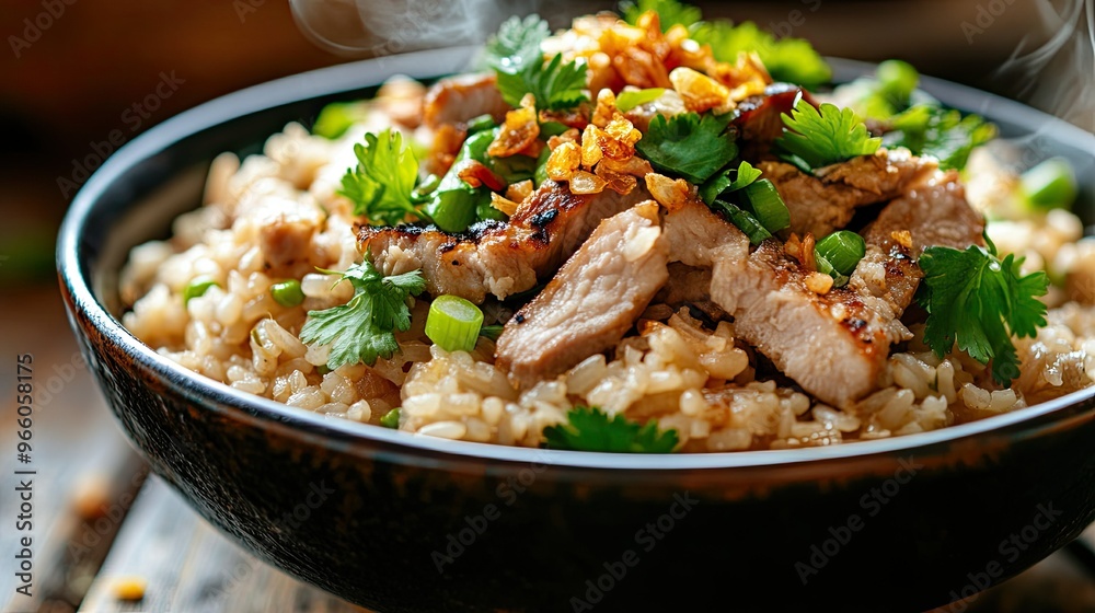 A close-up of a steaming bowl of homemade boiled rice with tender pork slices, garnished with fresh green onions, fried garlic, and cilantro, served on a rustic wooden table A close-up of a steaming bowl of homemade boiled rice with tender pork slices, garnished with fresh green onions, fried garlic, and cilantro, served on a rustic wooden table