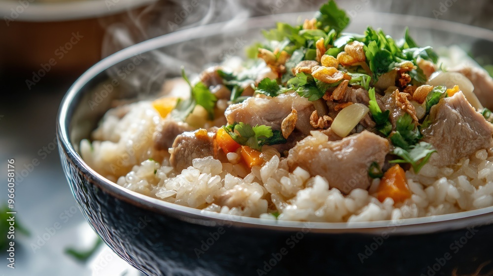 A close-up of a steaming bowl of homemade boiled rice with pork, garnished with sliced ginger, fresh herbs, and fried garlic, the comforting aroma of the dish filling the air A close-up of a steaming bowl of homemade boiled rice with pork, garnished with sliced ginger, fresh herbs, and fried garlic, the comforting aroma of the dish filling the air