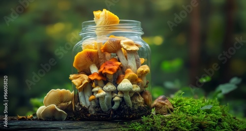 Colorful mushrooms in a glass jar displayed on mossy wood in a forest setting