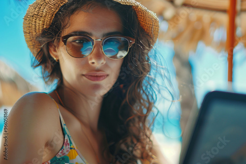 Happy freelancer nomad person browsing laptop anywhere remote job work business, Generative AI