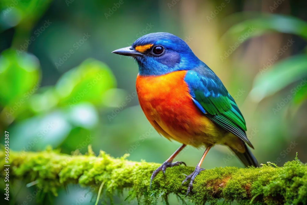 Close-Up Of A Vibrant Little Bird Perched On A Thick, Leafy Branch, Surrounded By A Lush Green Forest. Close-Up Of A Vibrant Little Bird Perched On A Thick, Leafy Branch, Surrounded By A Lush Green Forest.