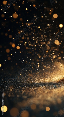 Golden particles dancing in the air against a dark background creating a magi...