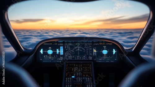 Holographic aviation dashboard, futuristic airplane cockpit, cloud layer view, sunrise