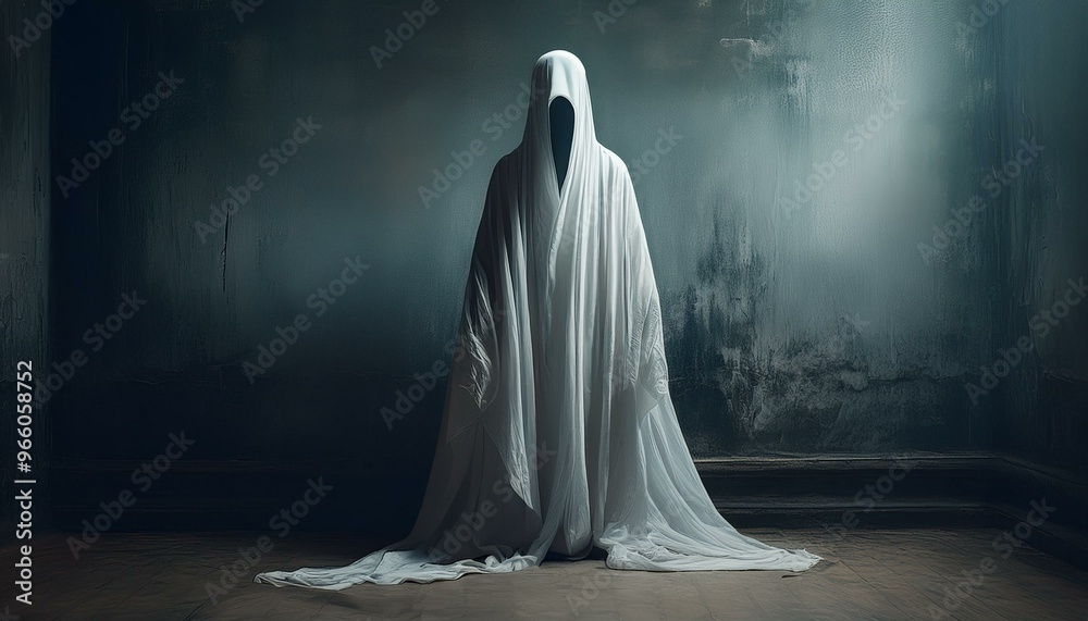 Mysterious figure shrouded in a flowing white sheet stands against a grungy wall, evoking ghostly specters in a dark, haunting atmosphere