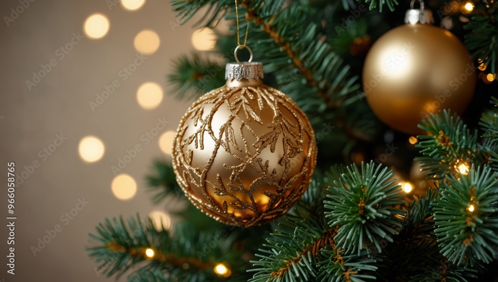 Close up view of beautiful fir branches with shiny golden bauble or ball, xmas ornaments and lights, Christmas holidays background. copy space. Decoration on Christmas tree Close up view of beautiful fir branches with shiny golden bauble or ball, xmas ornaments and lights, Christmas holidays background. copy space. Decoration on Christmas tree
