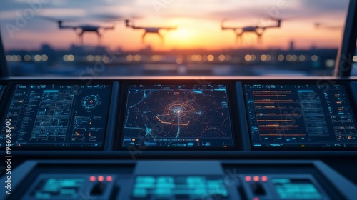 Holographic drone fleet management, digital airspace map, futuristic control center, dusk