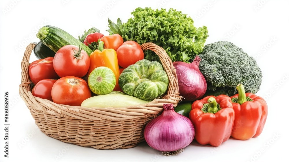 A collection of fresh garden vegetables, including tomatoes, onions, broccoli, and bell peppers, displayed in a basket on a white background A collection of fresh garden vegetables, including tomatoes, onions, broccoli, and bell peppers, displayed in a basket on a white background