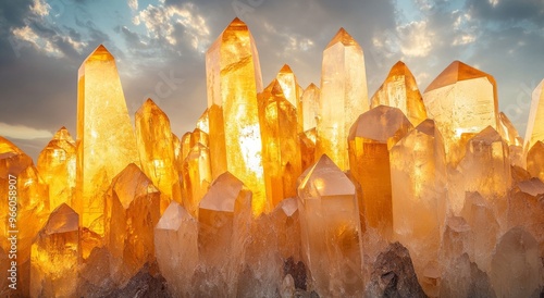 Golden quartz crystals illuminated by sunlight against a dramatic sky in a na...