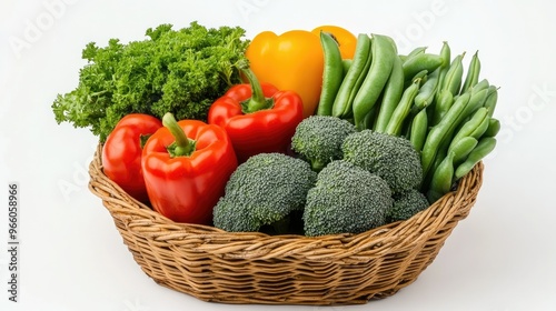 A collection of fresh vegetables including broccoli, bell peppers, tomatoes, and green beans, arranged in a basket on a white studio background