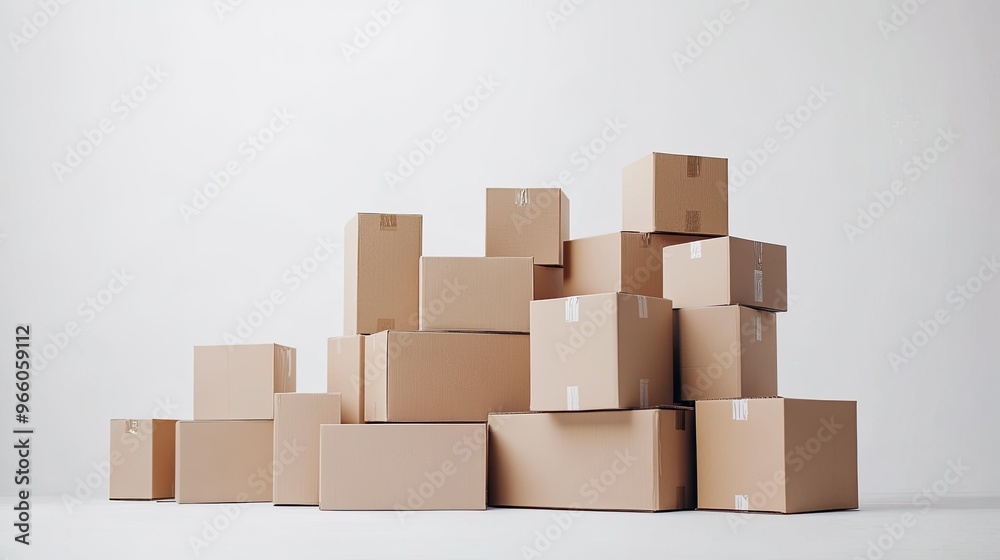 A collection of stacked cardboard boxes on a simple white background, some with fragile markings, highlighting logistics, safe shipping, and storage A collection of stacked cardboard boxes on a simple white background, some with fragile markings, highlighting logistics, safe shipping, and storage