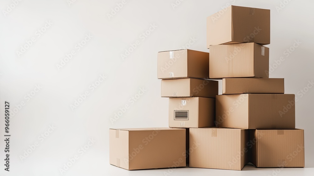 A collection of stacked cardboard boxes on a simple white background, some with fragile markings, highlighting logistics, safe shipping, and storage A collection of stacked cardboard boxes on a simple white background, some with fragile markings, highlighting logistics, safe shipping, and storage