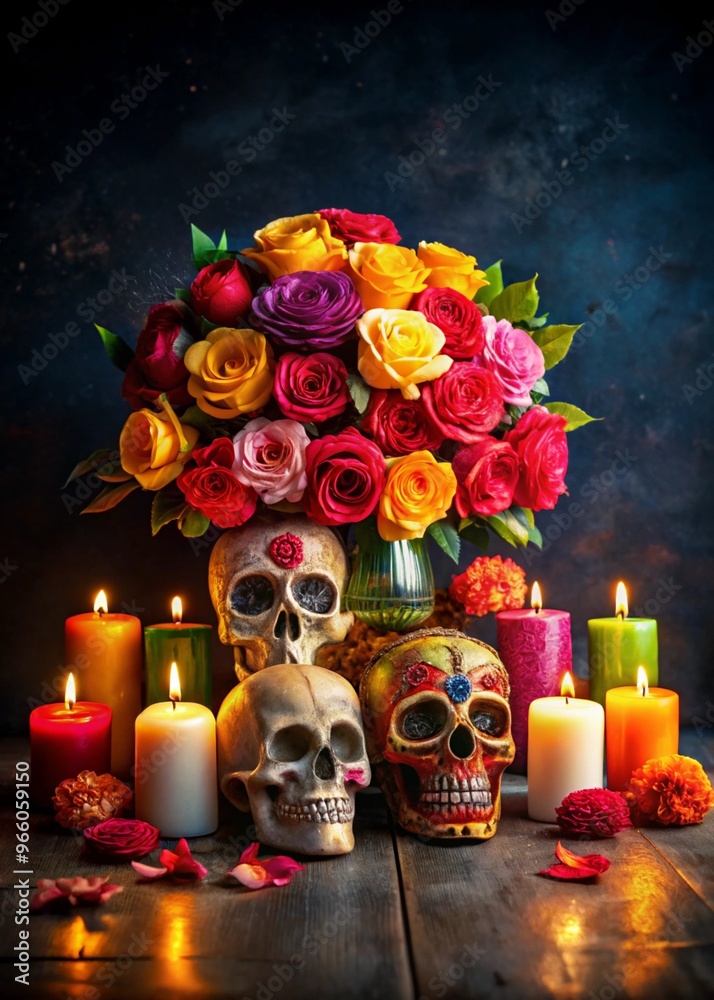 A Symbolic Display of Colorful Roses, Skulls and Candles Over a Dark Background for Artistic and Creative Uses