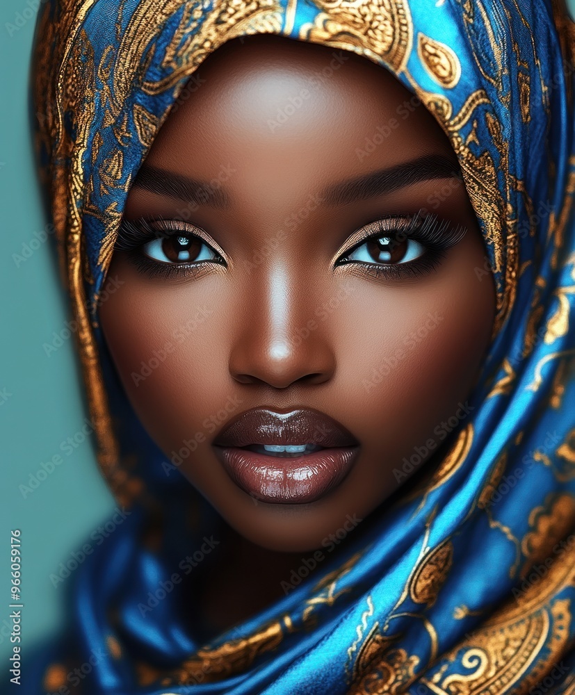 A woman with a blue scarf draped over her head A woman with a blue scarf draped over her head